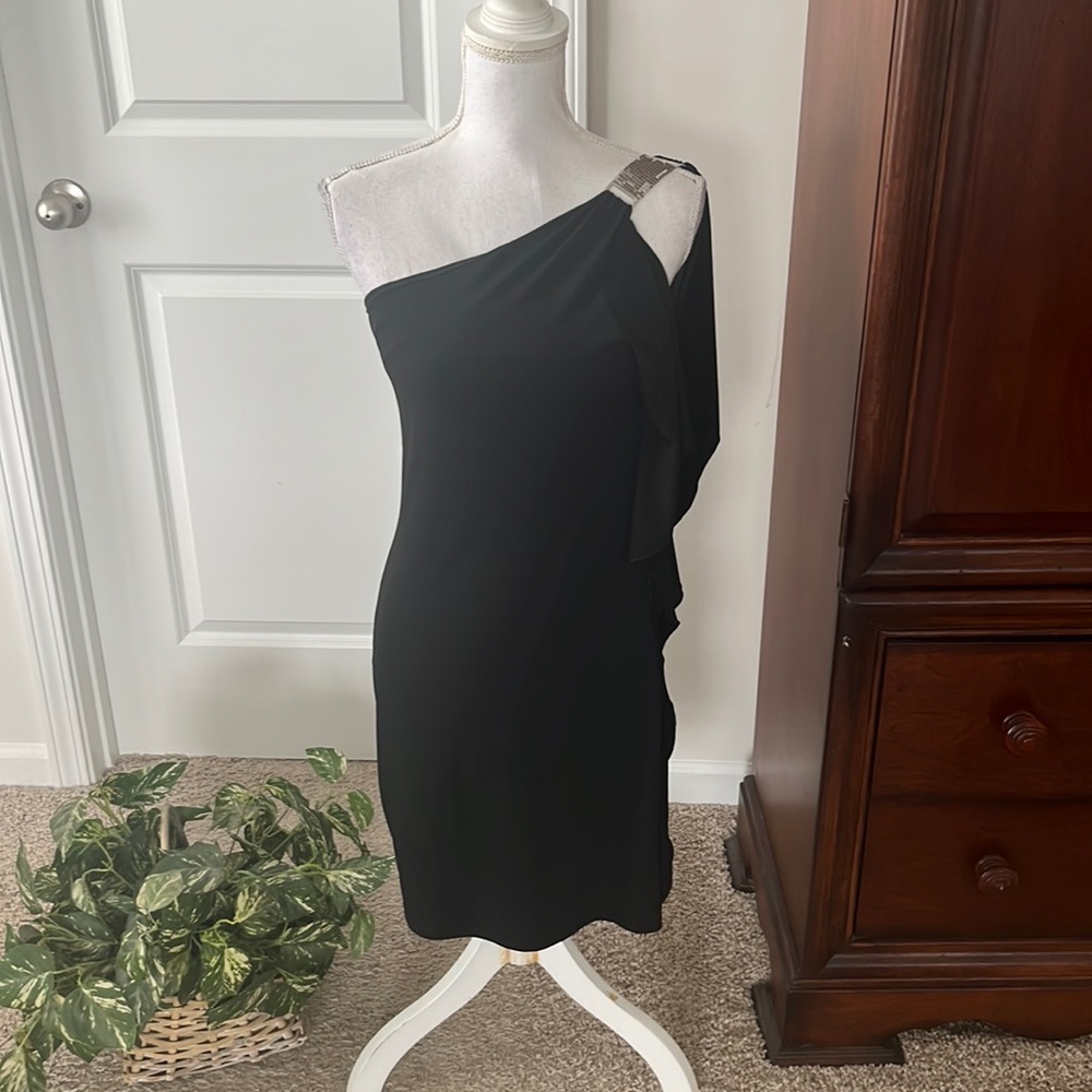 White House Black Market One Shoulder Black Dress